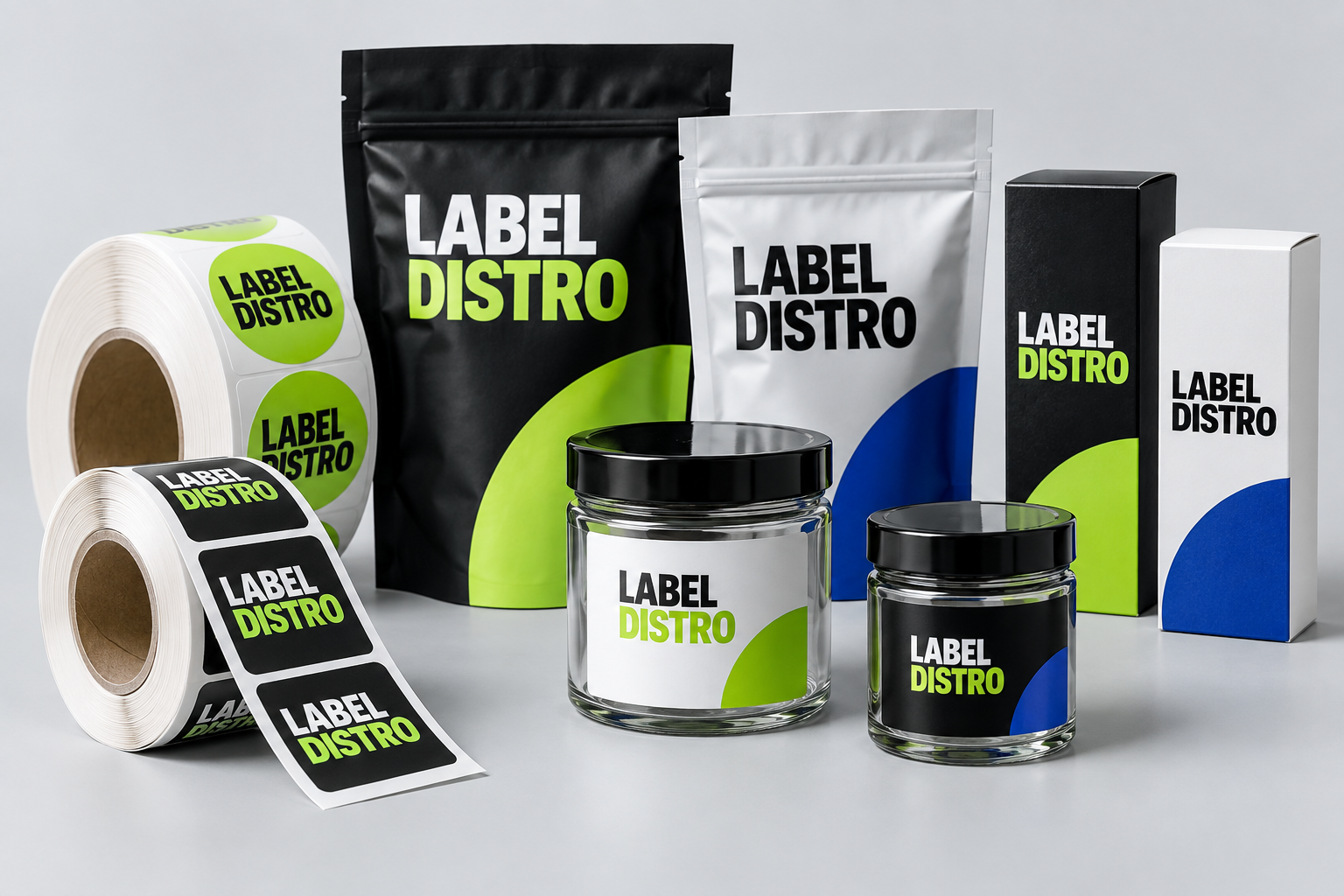 Custom Label Distro label rolls, printed pouches, jars and cartons